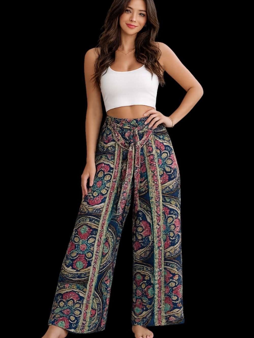 JOHNNY WAS SPEZIA  WRAP PALAZZO PANTS Geometric & Floral Print  Wide Leg